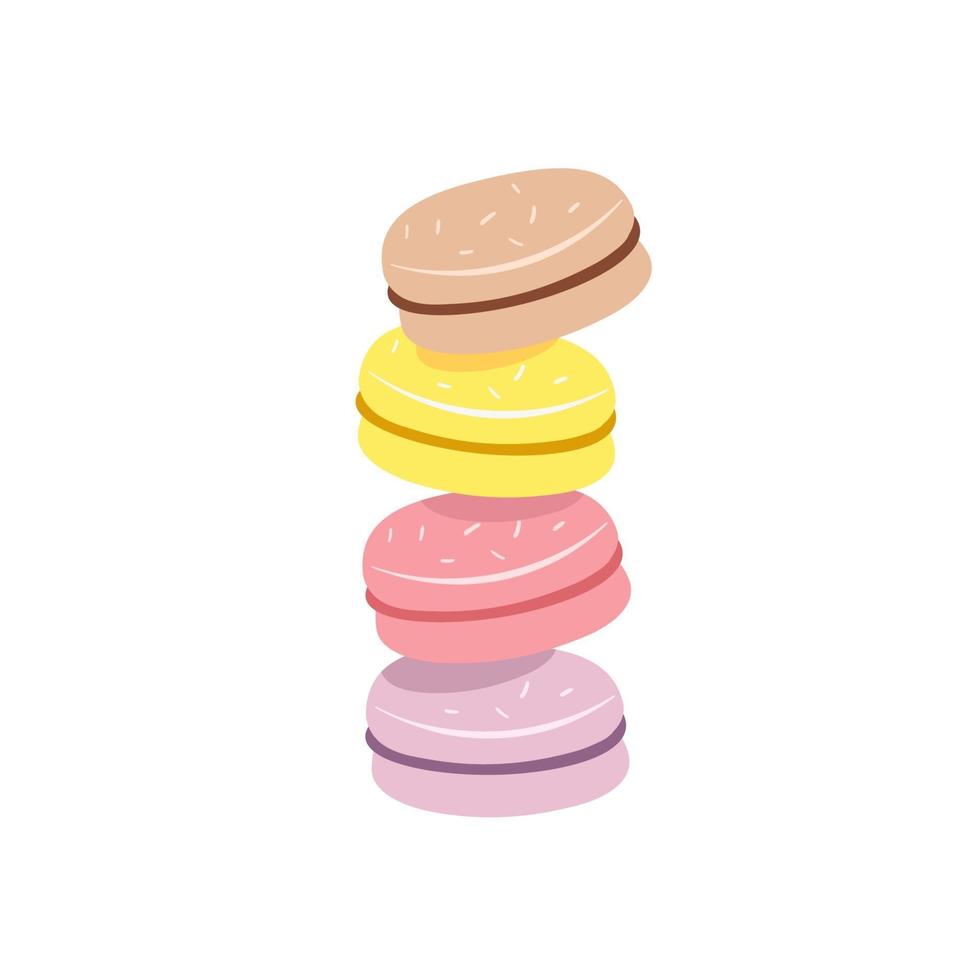 Stack of colorful macaron, macaroon almond cakes, sketch style vector illustration isolated on white background. Stack, pile of colorful almond macaron, macaroon biscuits, sweet and beautiful dessert