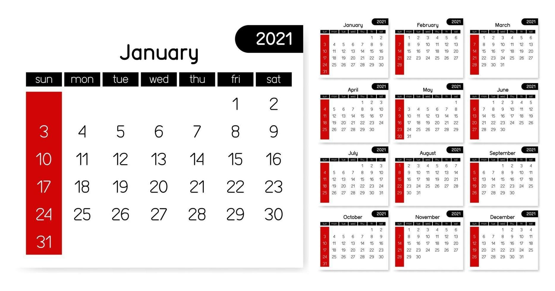 Calendario 2021 simple y limpio. año completo en blanco, negro y rojo, plantilla vectorial vector