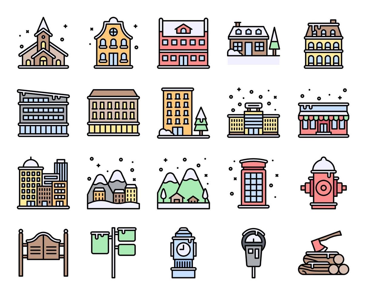 conjunto de iconos de vector lleno de ciudad de invierno