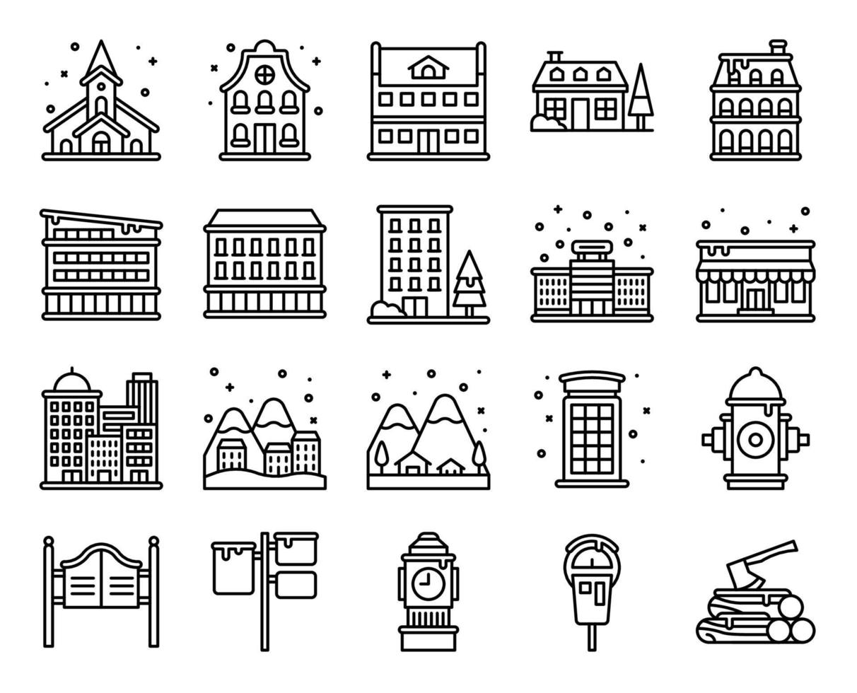 conjunto de iconos de vector de línea de ciudad de invierno