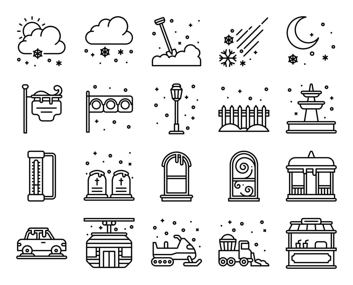 conjunto de iconos de vector de línea de ciudad de invierno