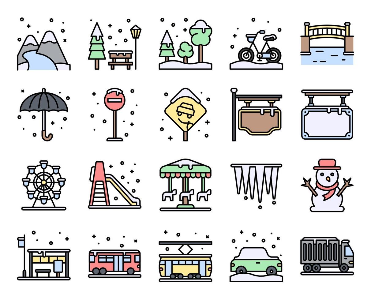 Winter City filled vector icon set