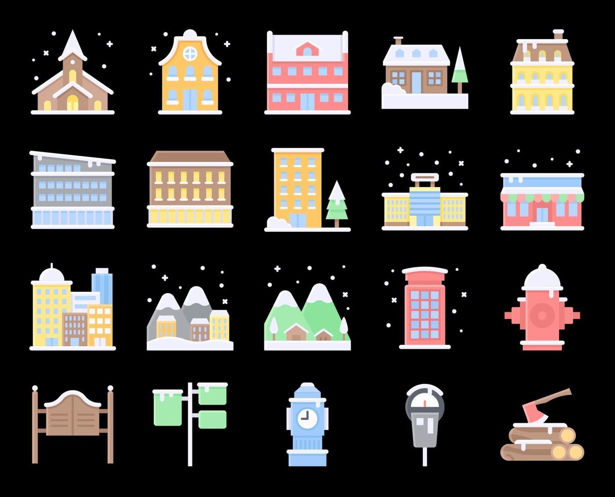 conjunto de iconos de vector plano de ciudad de invierno