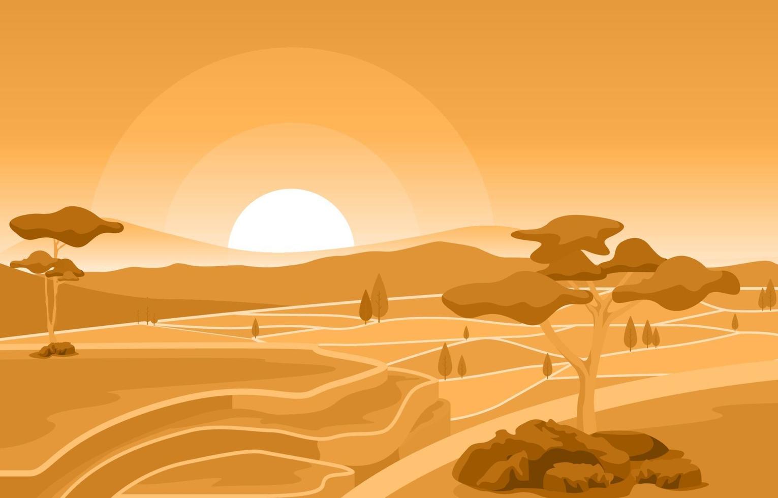 amanecer dorado en la ilustración de campo de arroz asiático vector