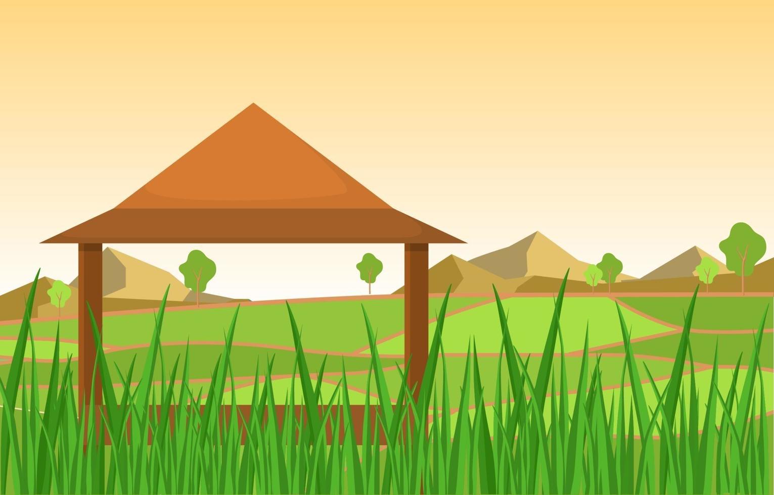 choza en la ilustración de campo de arroz asiático vector