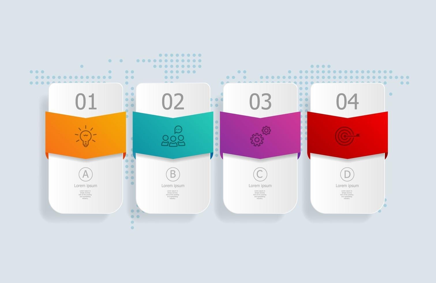 Infografía de línea de tiempo horizontal abstracta, 4 pasos con mapa del mundo para negocios y presentación vector