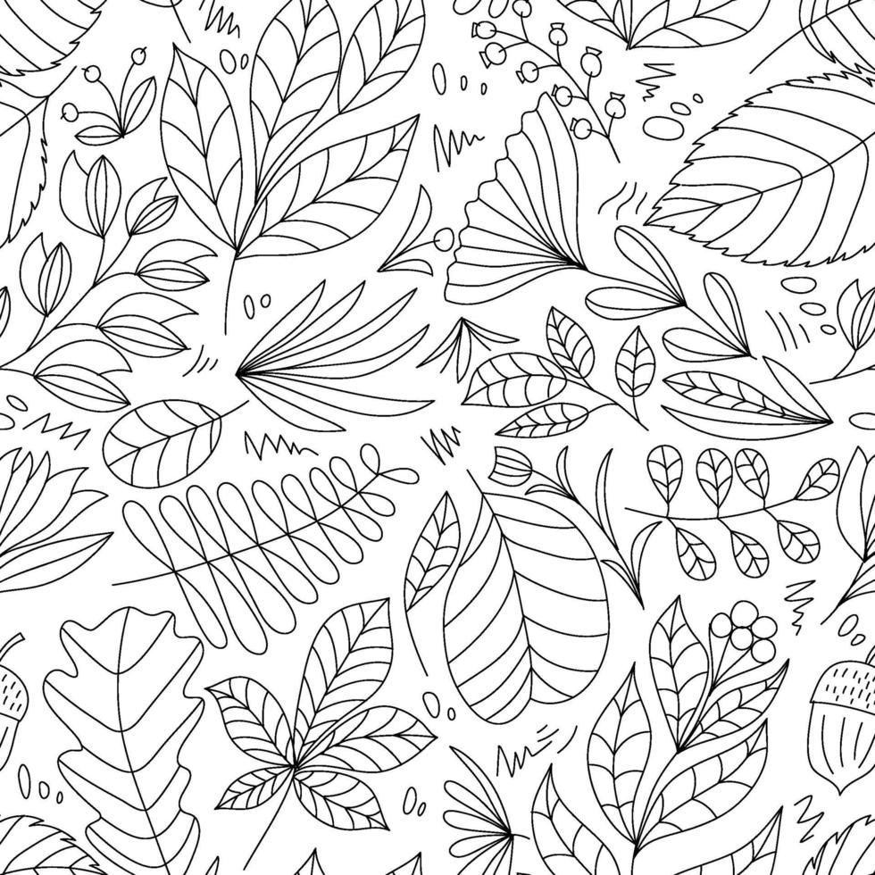 lindo vector verano mano dibujada hoja de patrones sin fisuras. imprimir con hojas. elegante y hermoso adorno de naturaleza monoline para tela, envoltura y textil. libro de recuerdos de papel blanco y negro