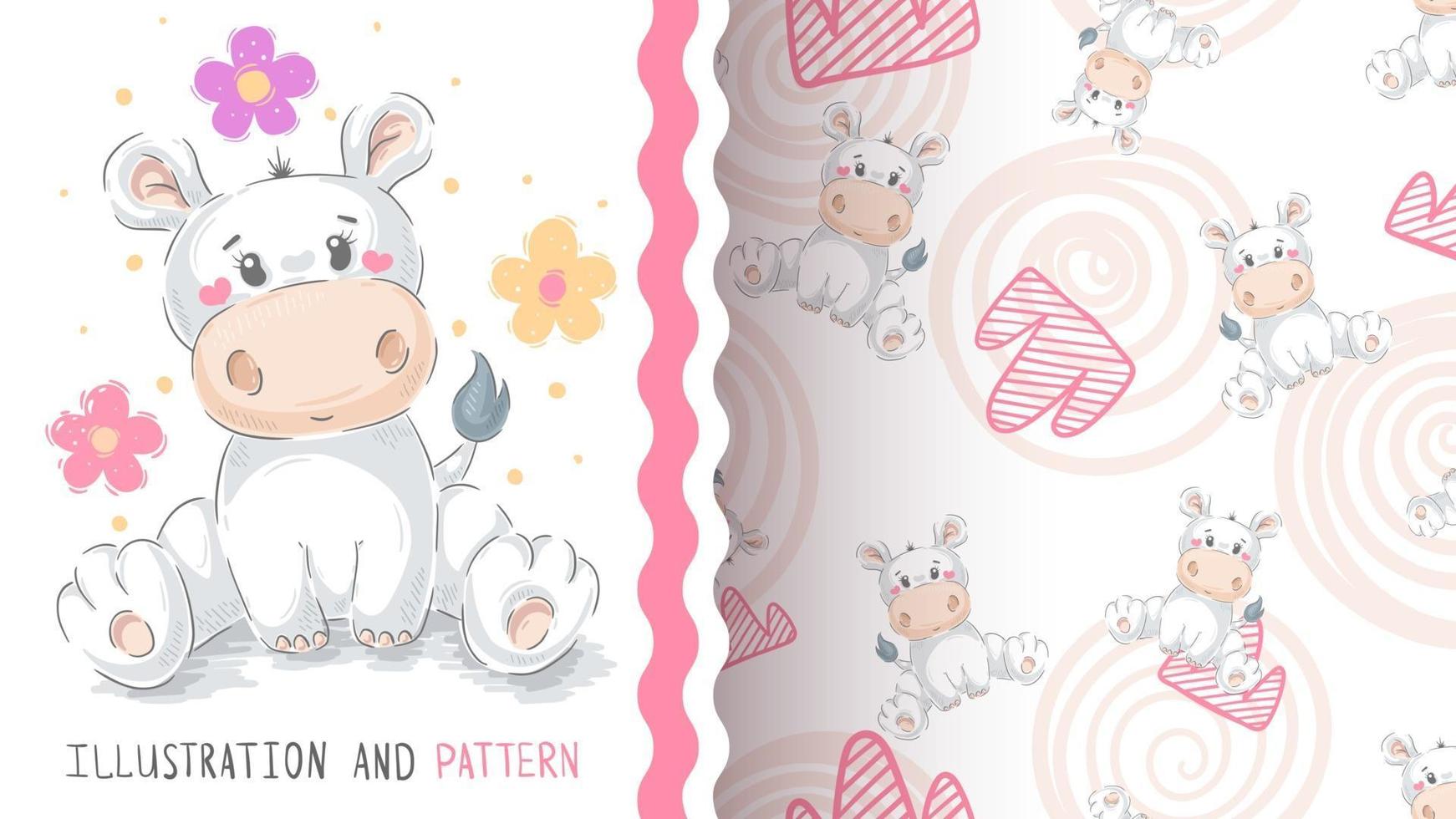 Cute cartoon character animal hippo - seamless pattern vector