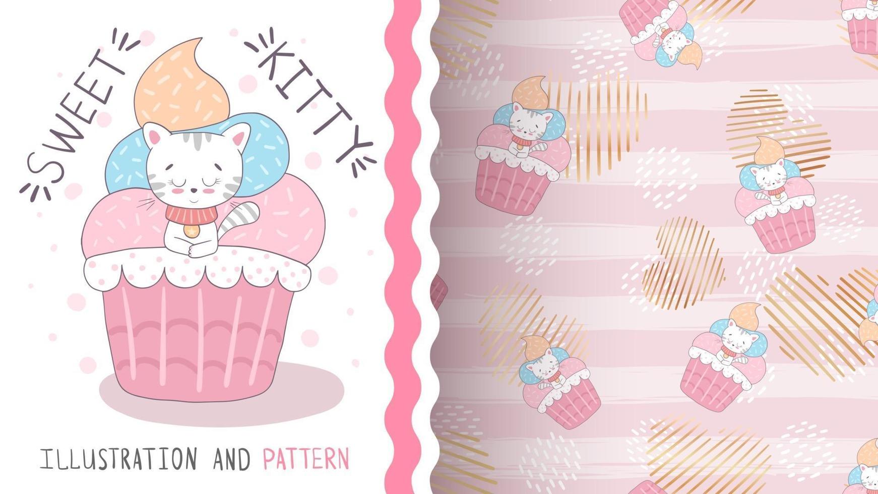 Cute cartoon character animal kitty in cake - seamless pattern vector