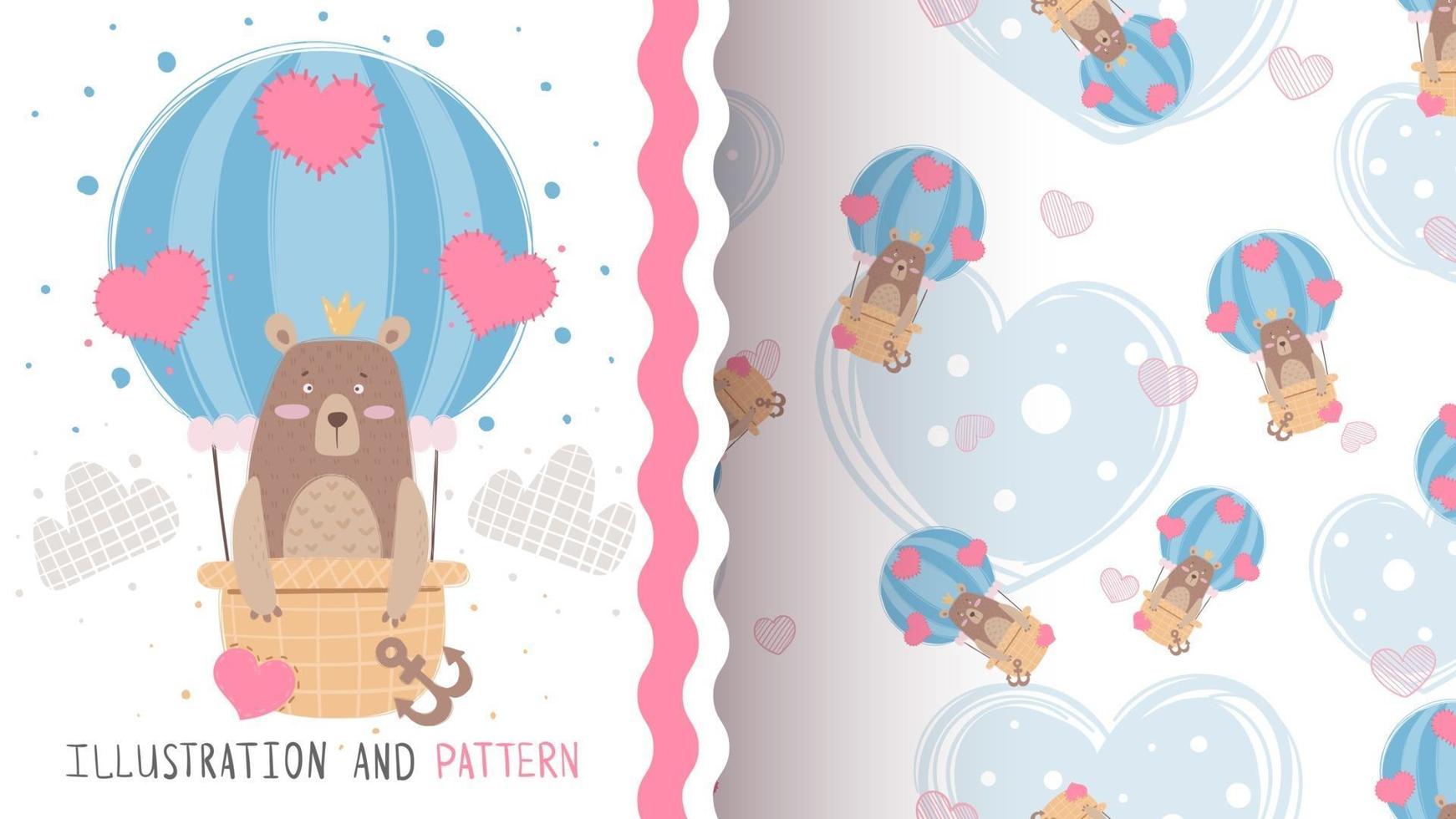 Cartoon character bear in air balloon - seamless pattern vector