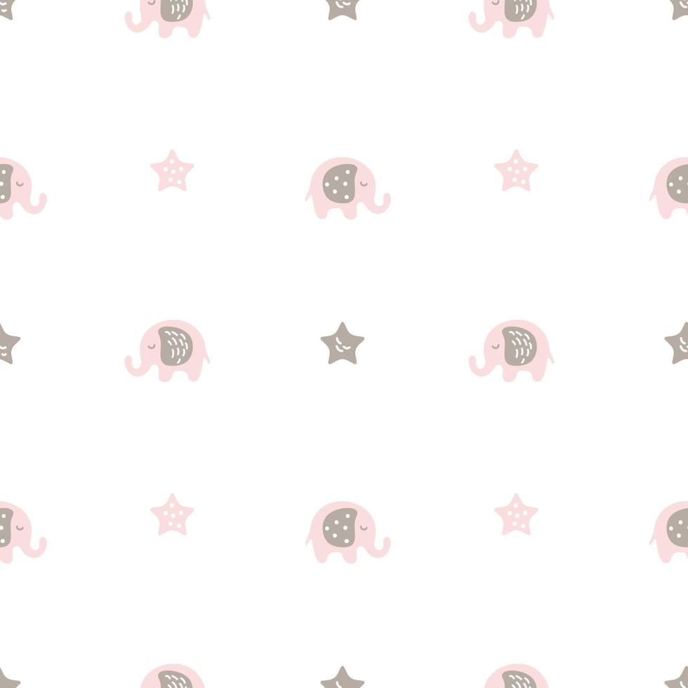 Little Cute pink Elephants Vector scandinavian Seamless Pattern. Baby Elephant and Stars nordic. Doodle Cartoon Animals. Colorful Background for Kids. Childrens wallpaper