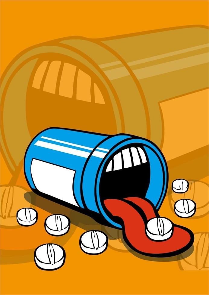 Throw medicine into the trash can. Vector illustration, flat cartoon design isolated on orange background.