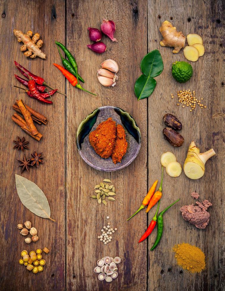 Spices and herbs on wood photo