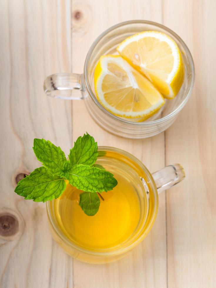 Top view of herbal tea with mint and lemon photo