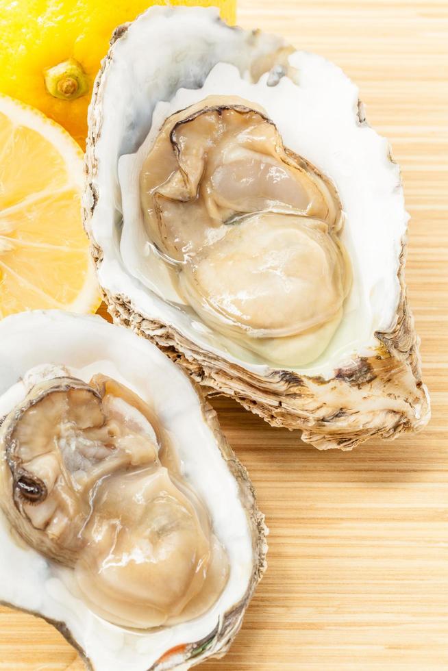 dos ostras frescas en madera foto