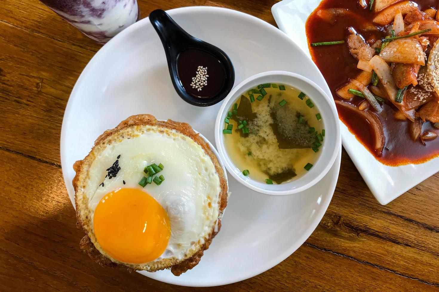 Korean food kimchi fried rice and fried egg photo