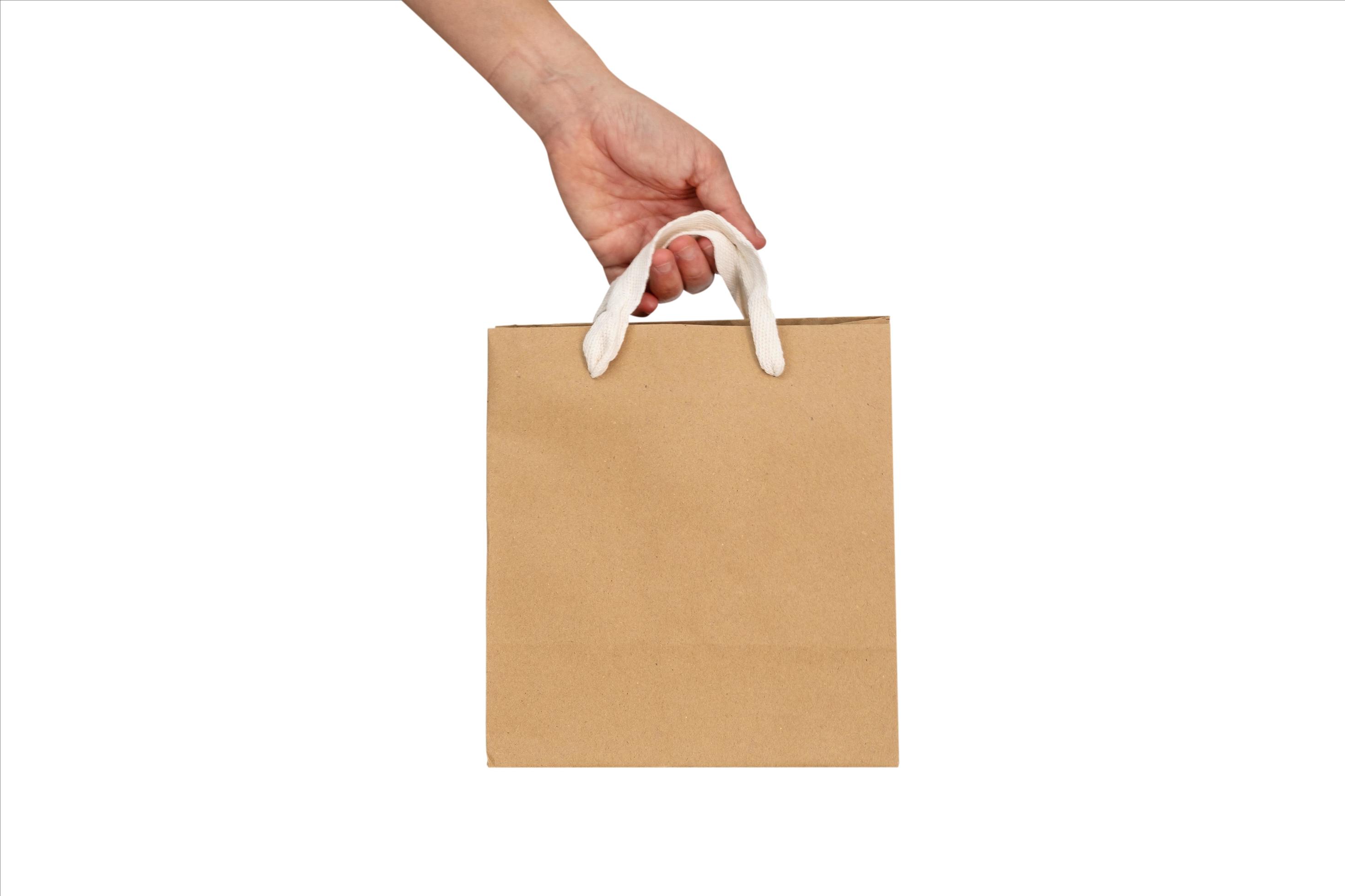Download Mockup Of A Hand Holding A Recycled Craft Paper Bag Isolated On A White Background 2045347 Stock Photo At Vecteezy