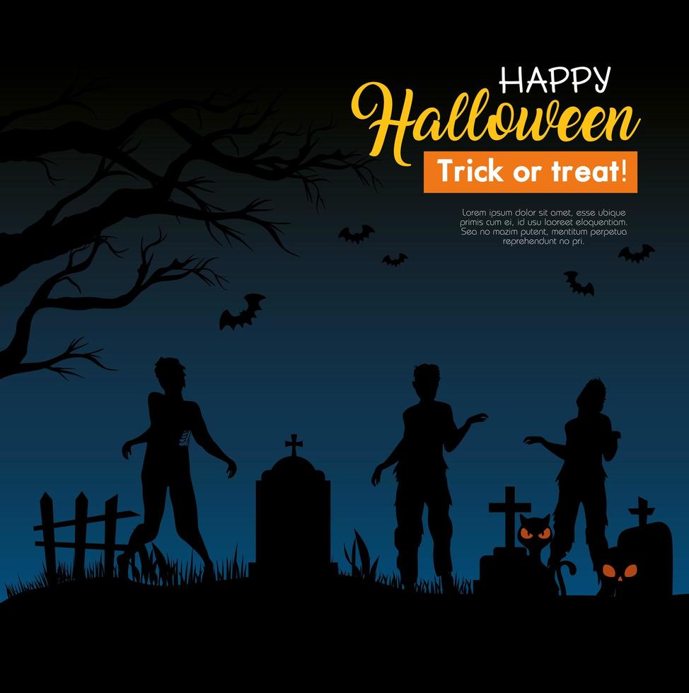 Banner de feliz halloween con siluetas de zombies en el cementerio vector