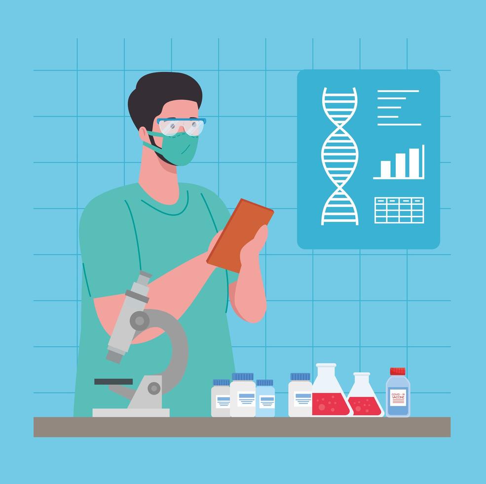 Investigación de vacunas médicas para coronavirus con médico en el laboratorio. vector