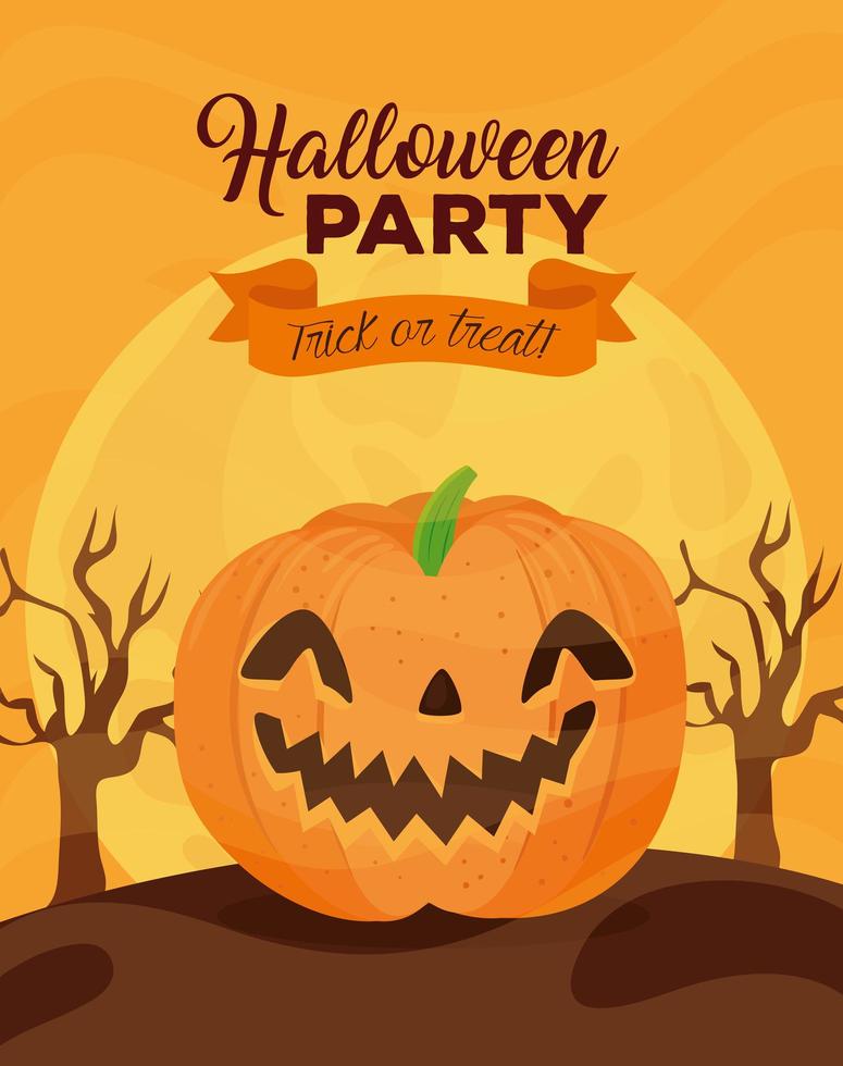 banner de feliz halloween con calabaza sonriente y árboles secos vector