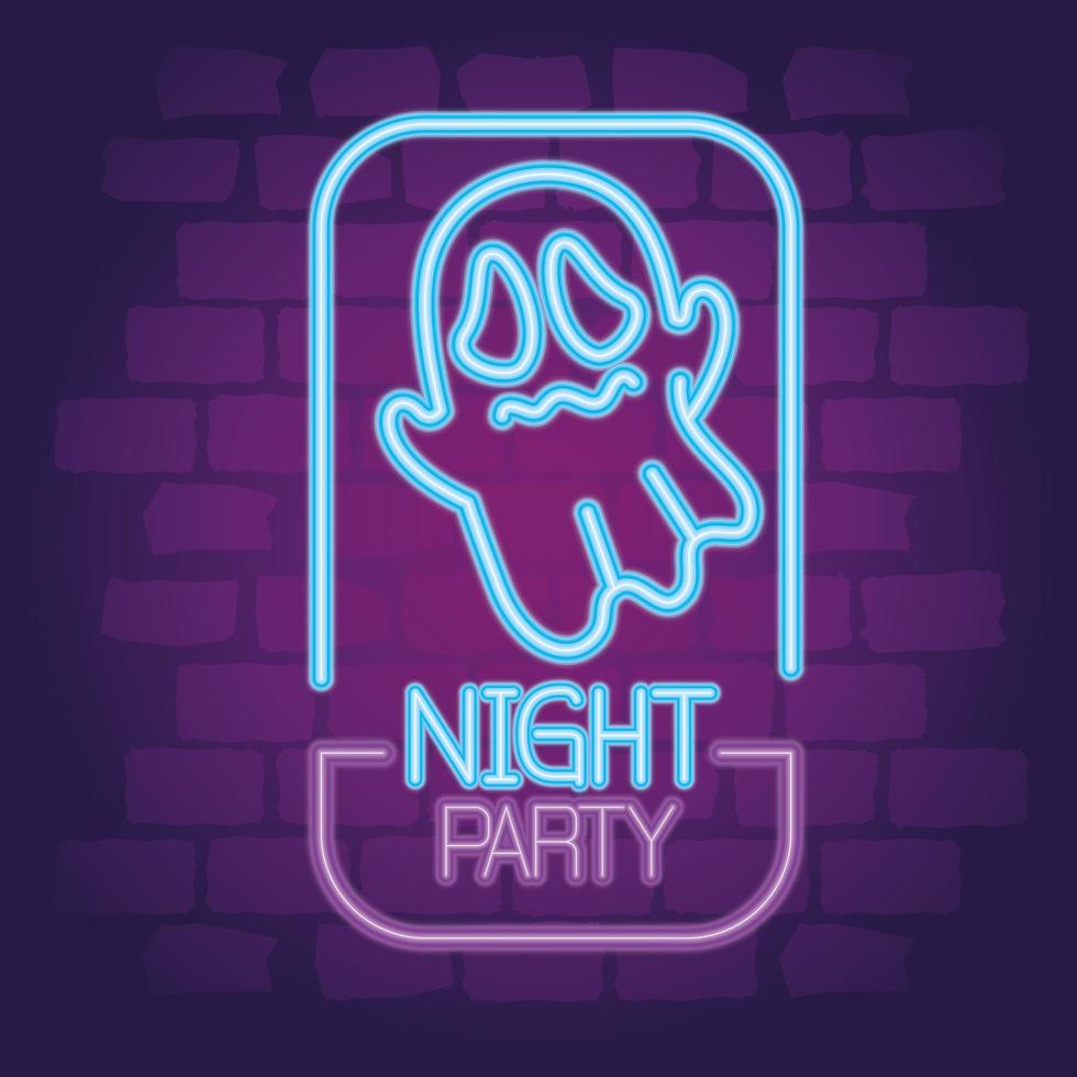 Halloween party neon sign with scary ghost vector
