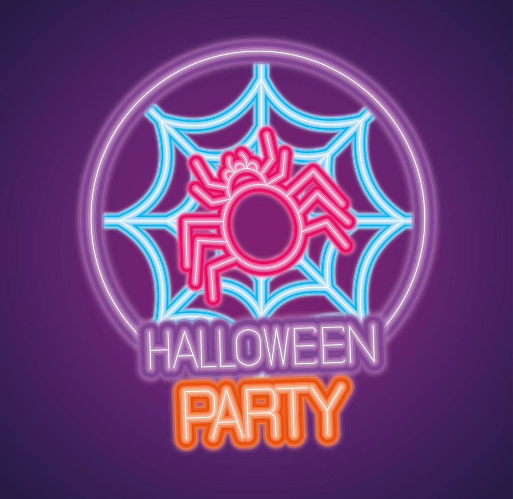 cartel de neón de fiesta de halloween con araña y web vector