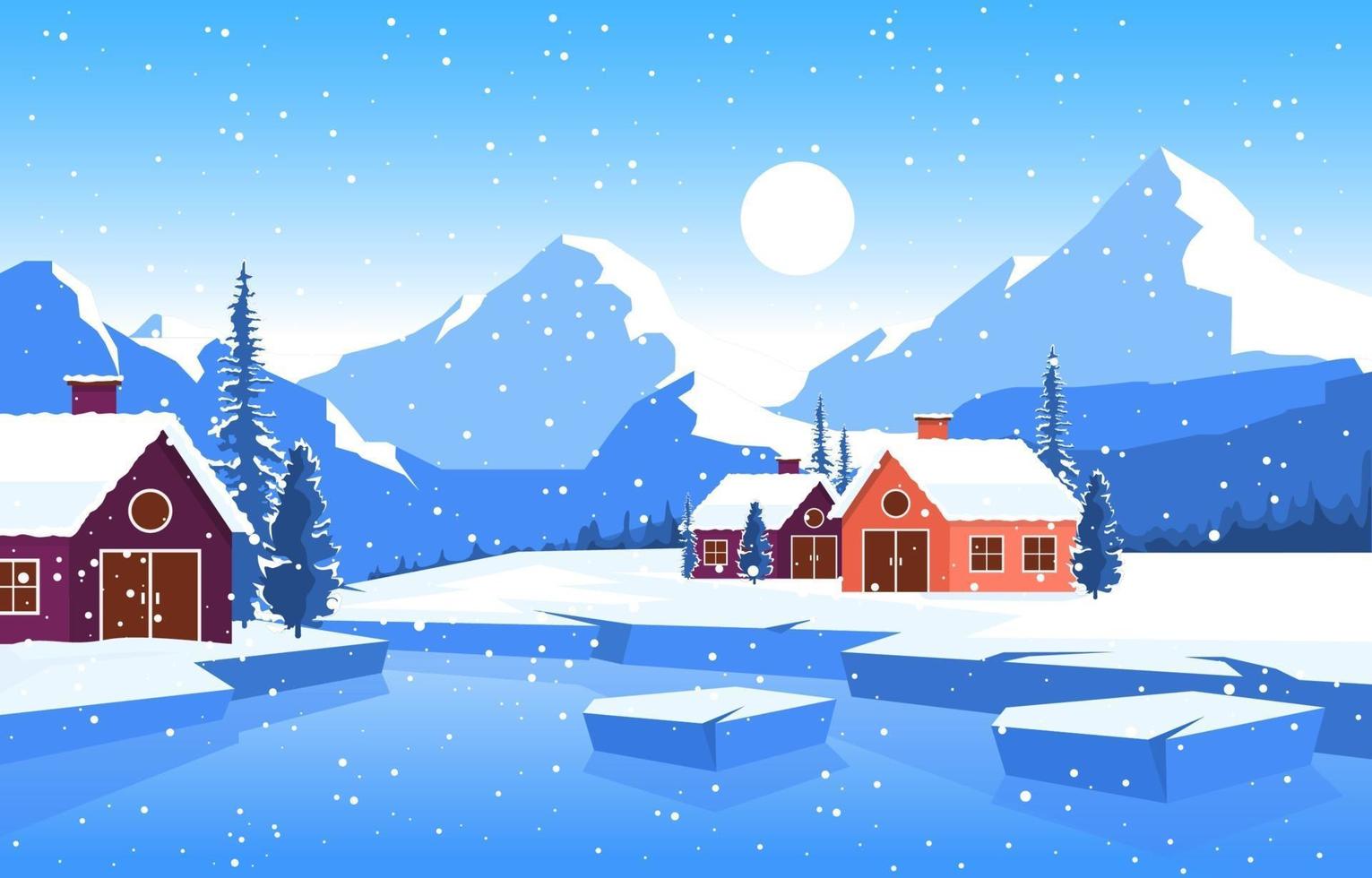 Cozy Winter Forest Scene with Cottages on Frozen Lake vector