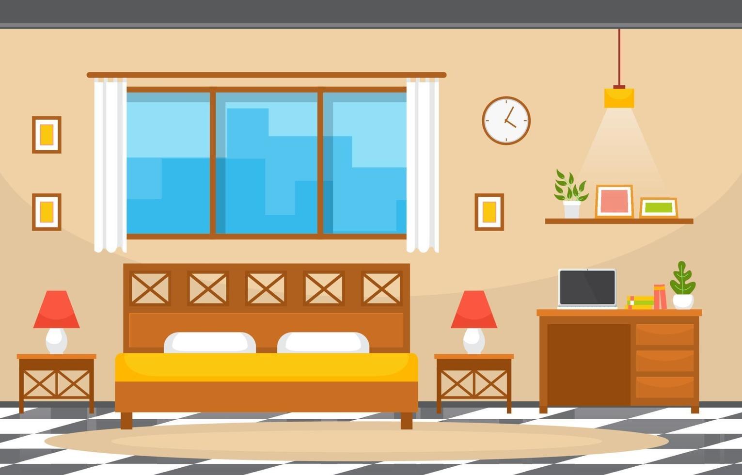 Cozy Hotel Bedroom Interior with Double Bed and Lamps vector