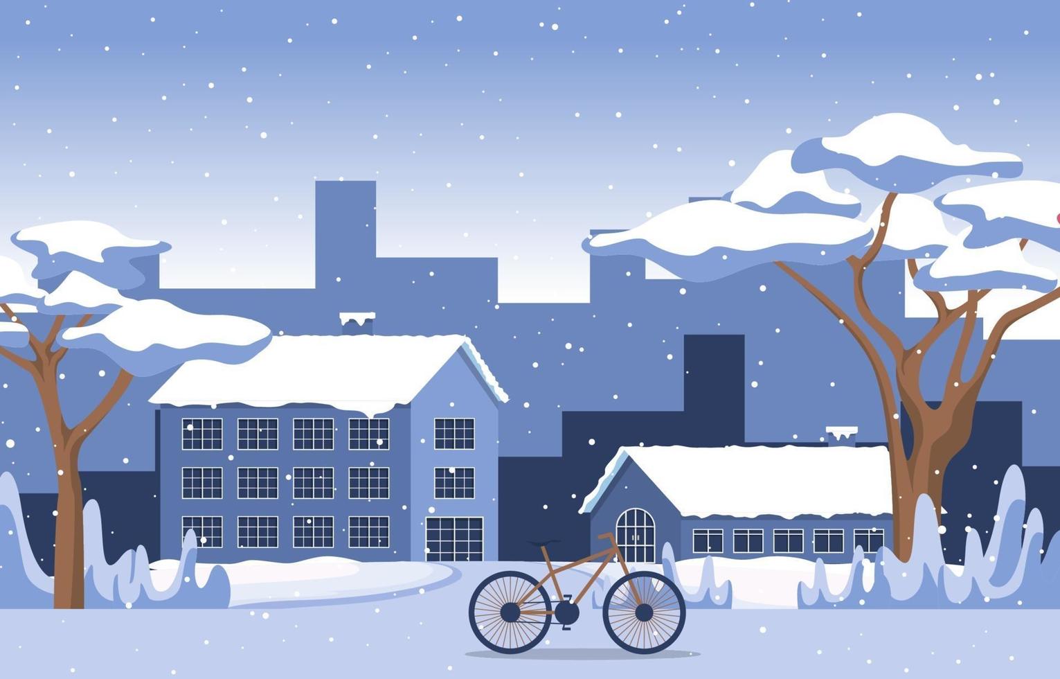 Cozy Snowy Winter Scene in City with Houses, Trees, and Bicycle vector