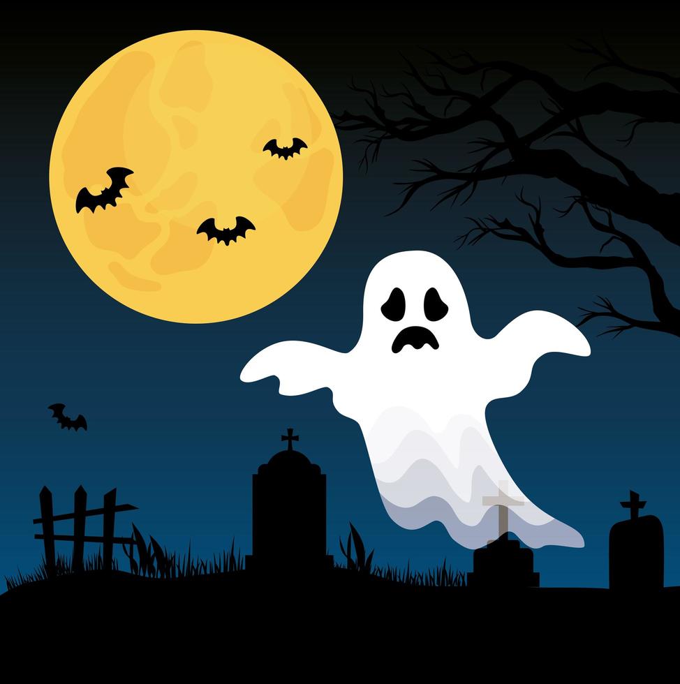 banner de feliz halloween con fantasma en el cementerio vector