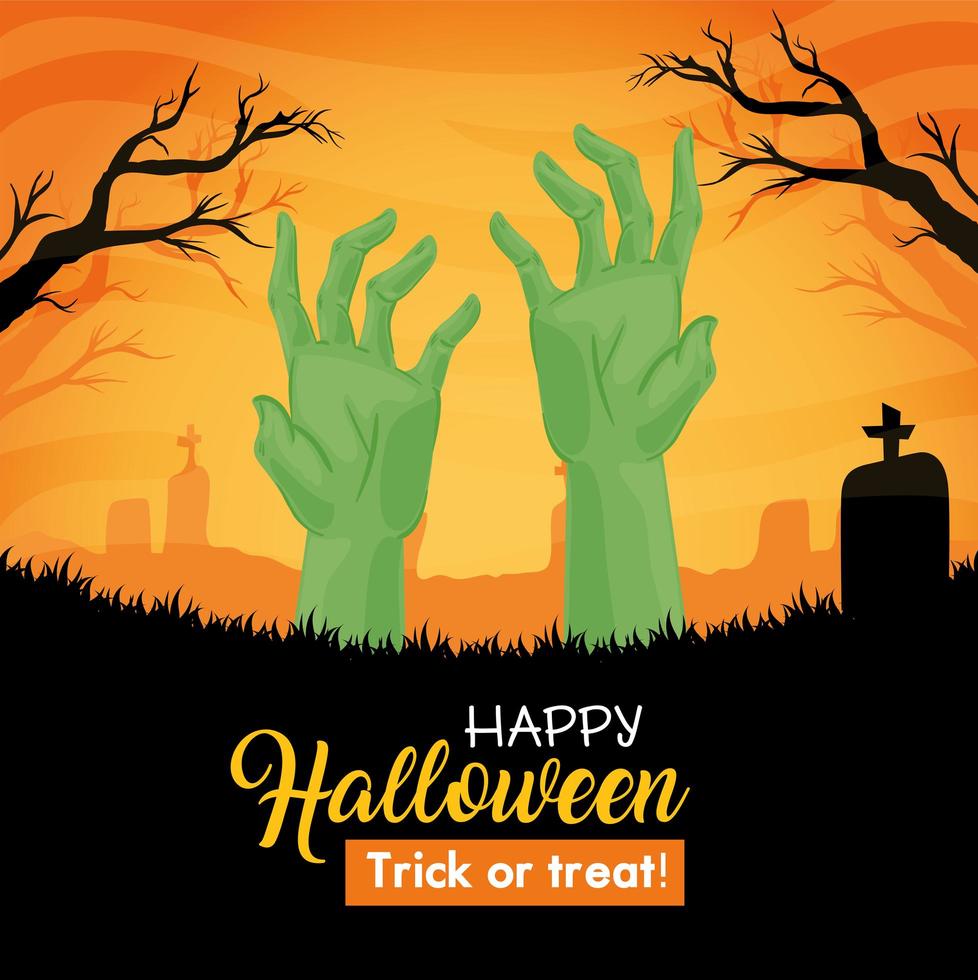 Happy Halloween banner with zombie hands in the cemetery vector