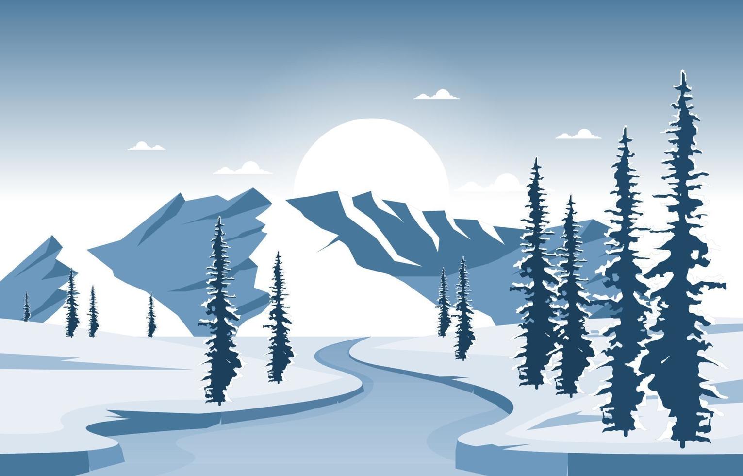 paisaje de invierno nevado con montañas, río congelado y árboles vector