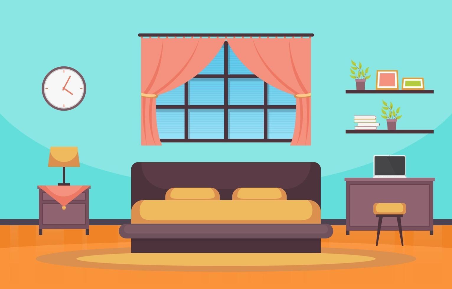 Cozy Bedroom Interior with Double Bed and Shelves vector