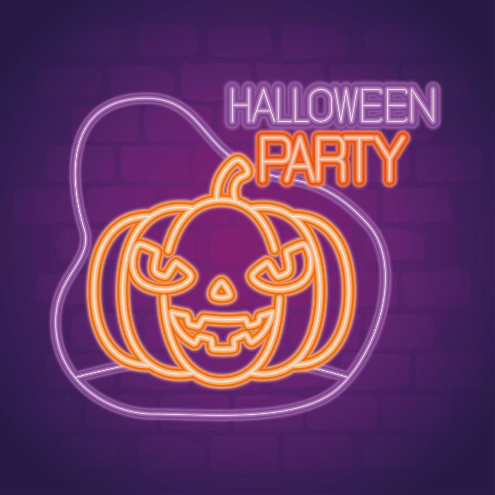 Halloween party neon sign with pumpkin vector