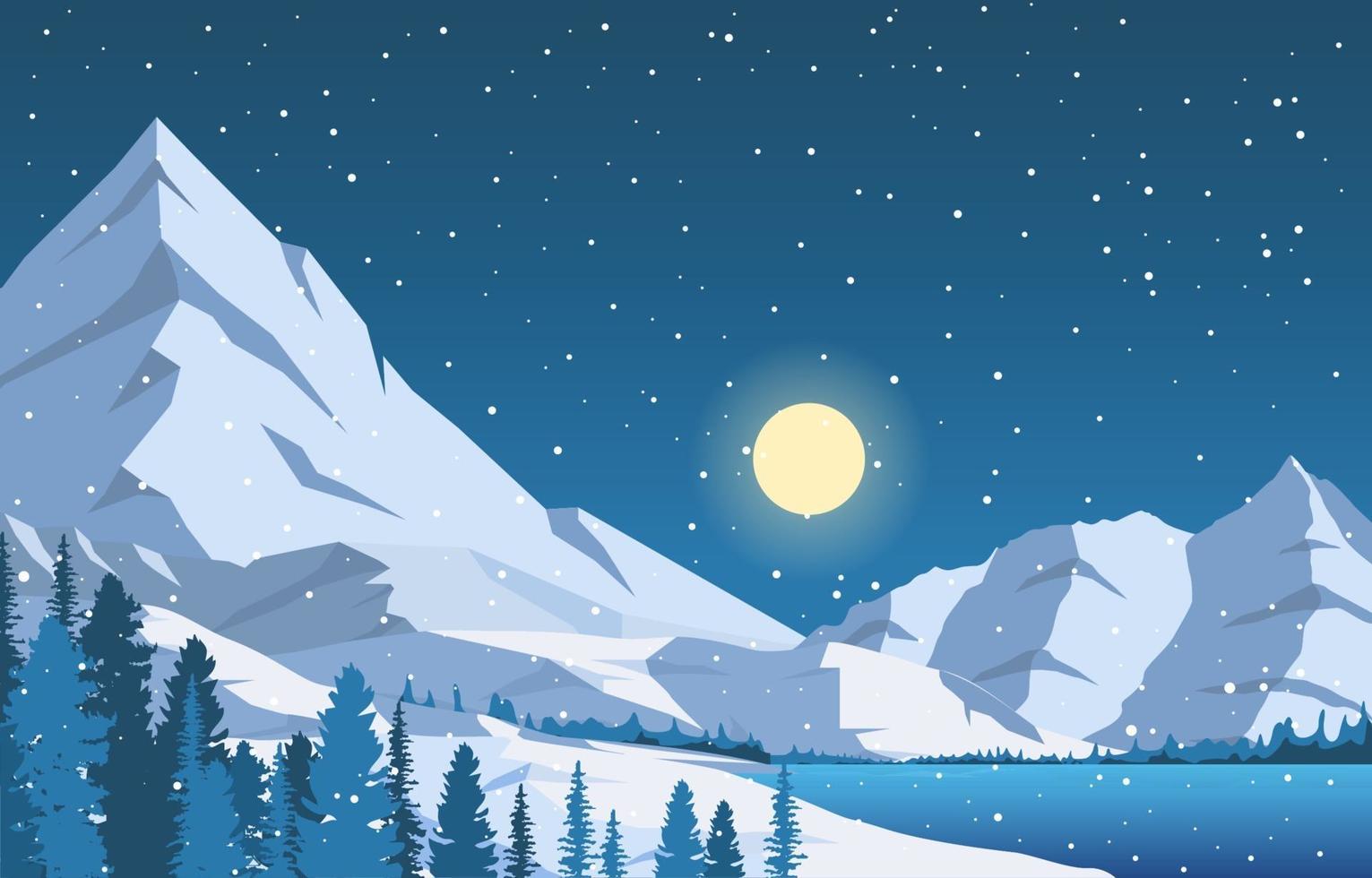 Snowy Winter Landscape with Trees, Frozen Lake, and Mountains vector