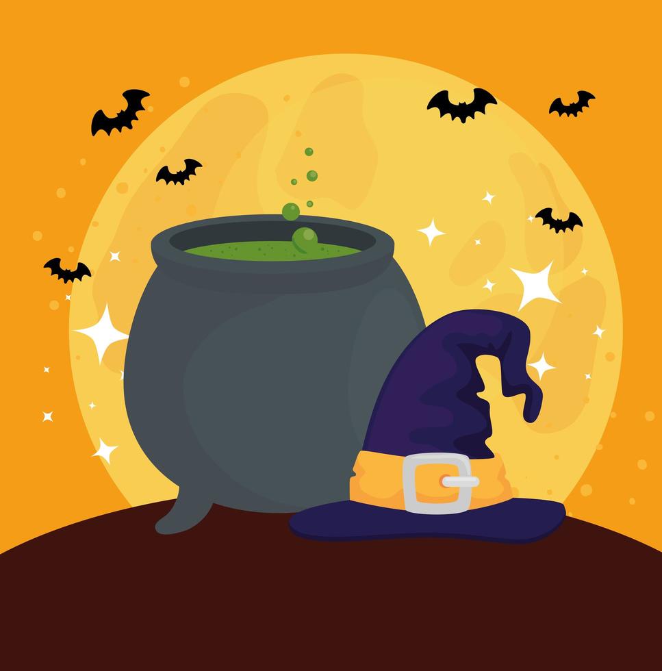 Happy Halloween banner with cauldron, bats flying and witch hat vector