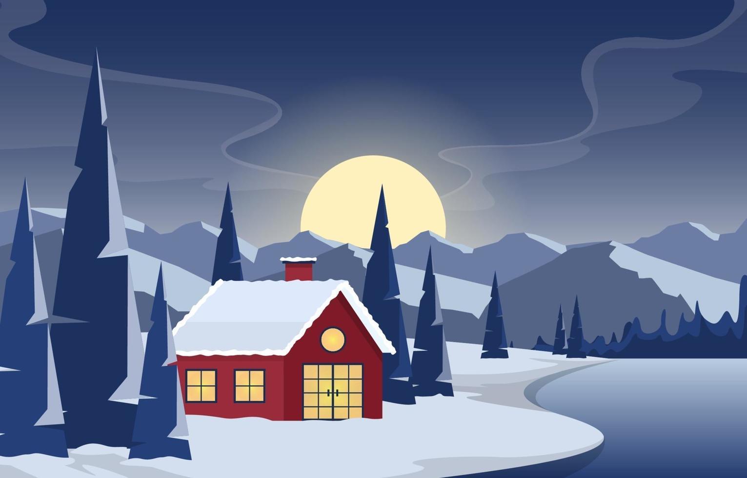 Cozy Winter Forest Scene with Cottage on Frozen Lake at Night vector
