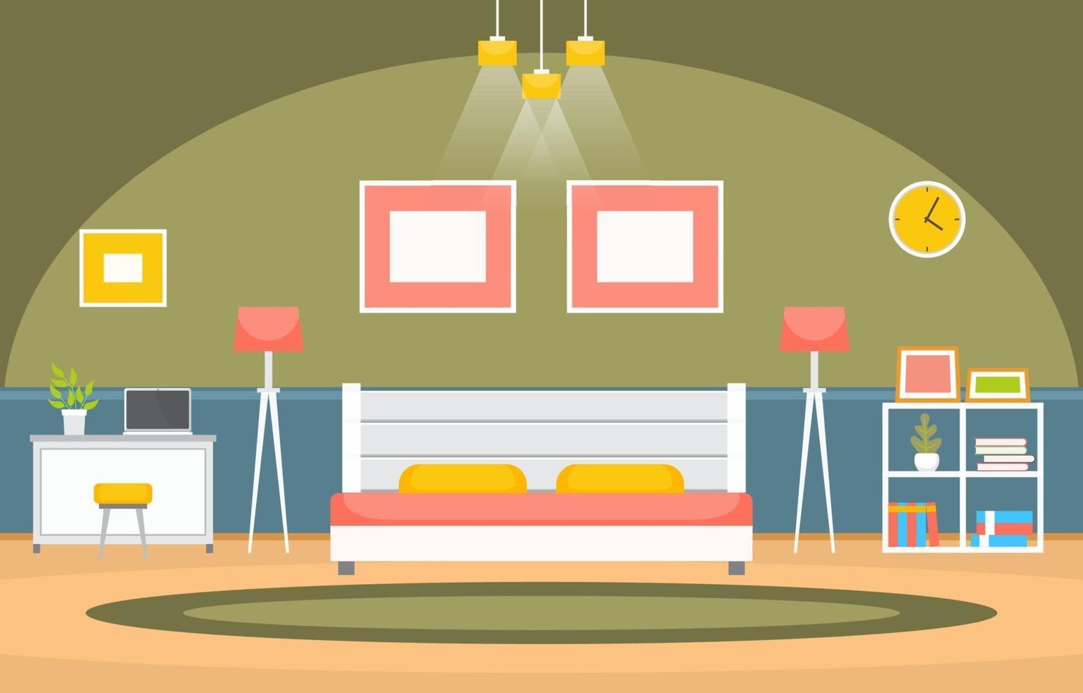 Cozy Bedroom Interior with Double Bed and Shelves vector