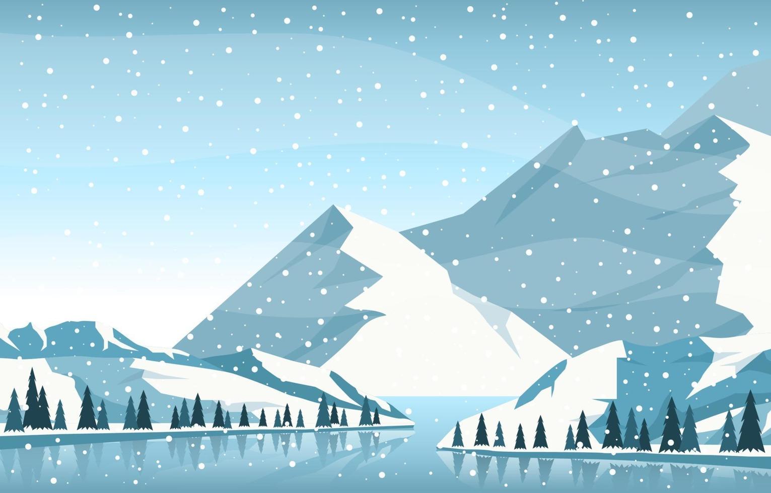 Snowy Winter Landscape with Trees, Frozen Lake, and Mountains vector