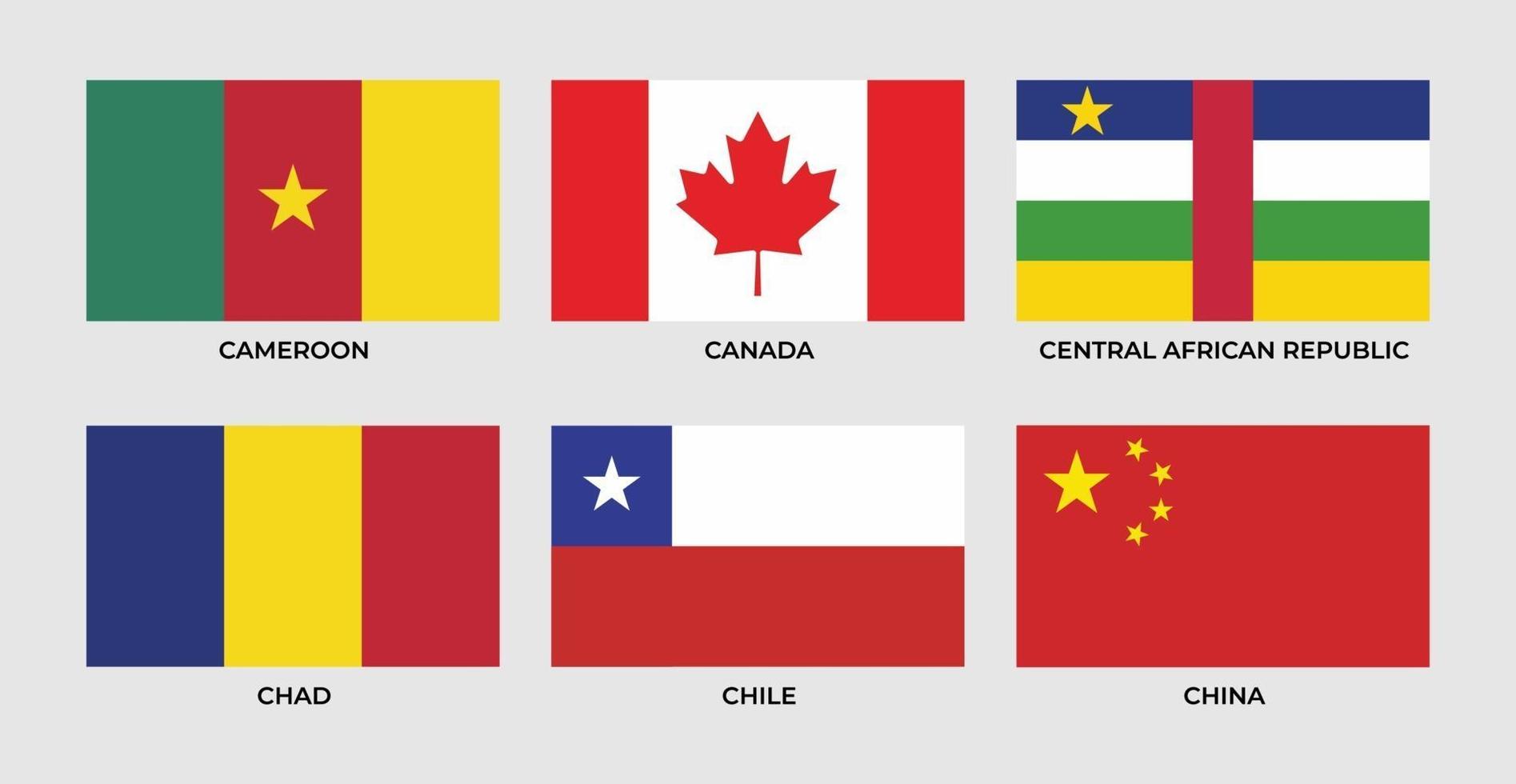 bandera de camerron, canadá, república centroafricana, chad, chile, china, vector