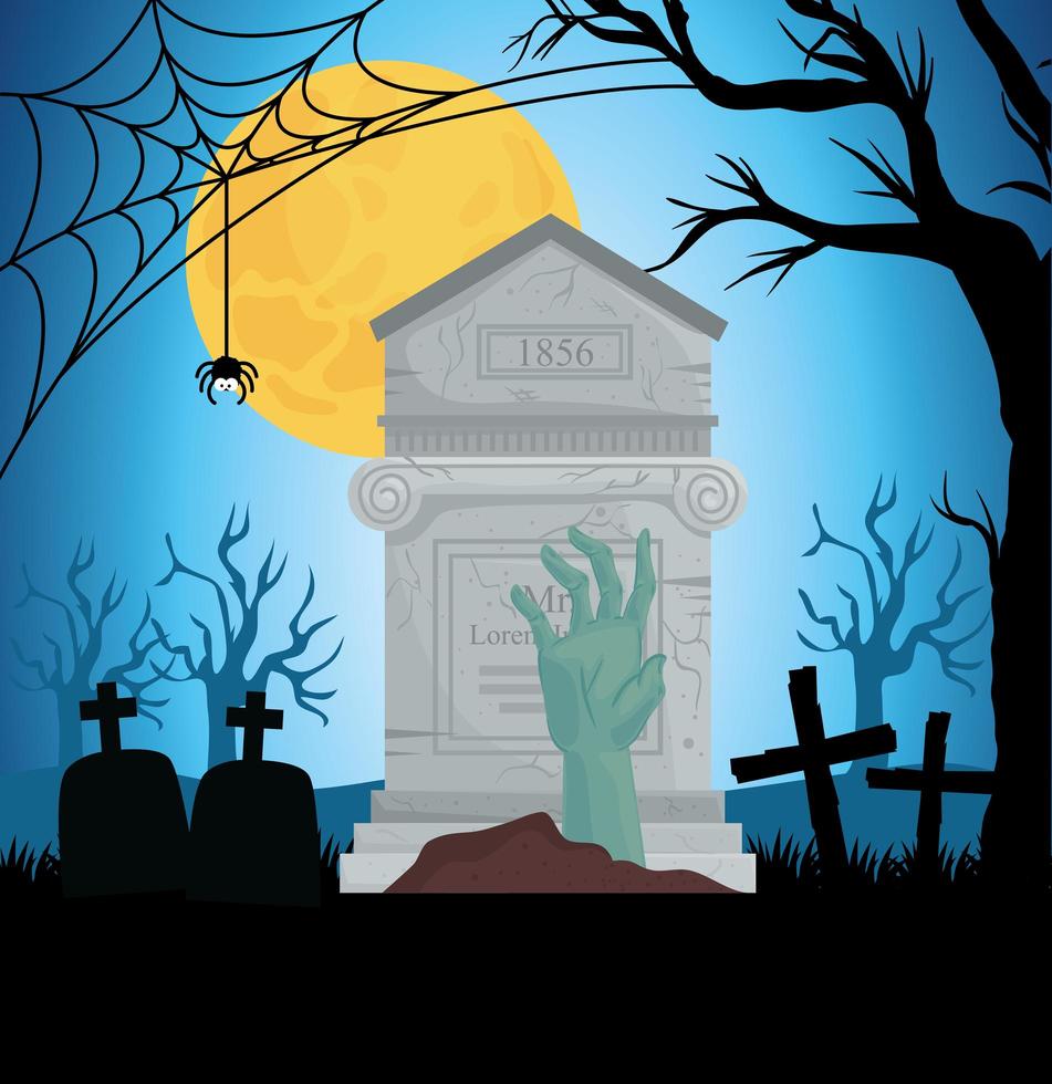 banner de feliz halloween con escena de cementerio vector