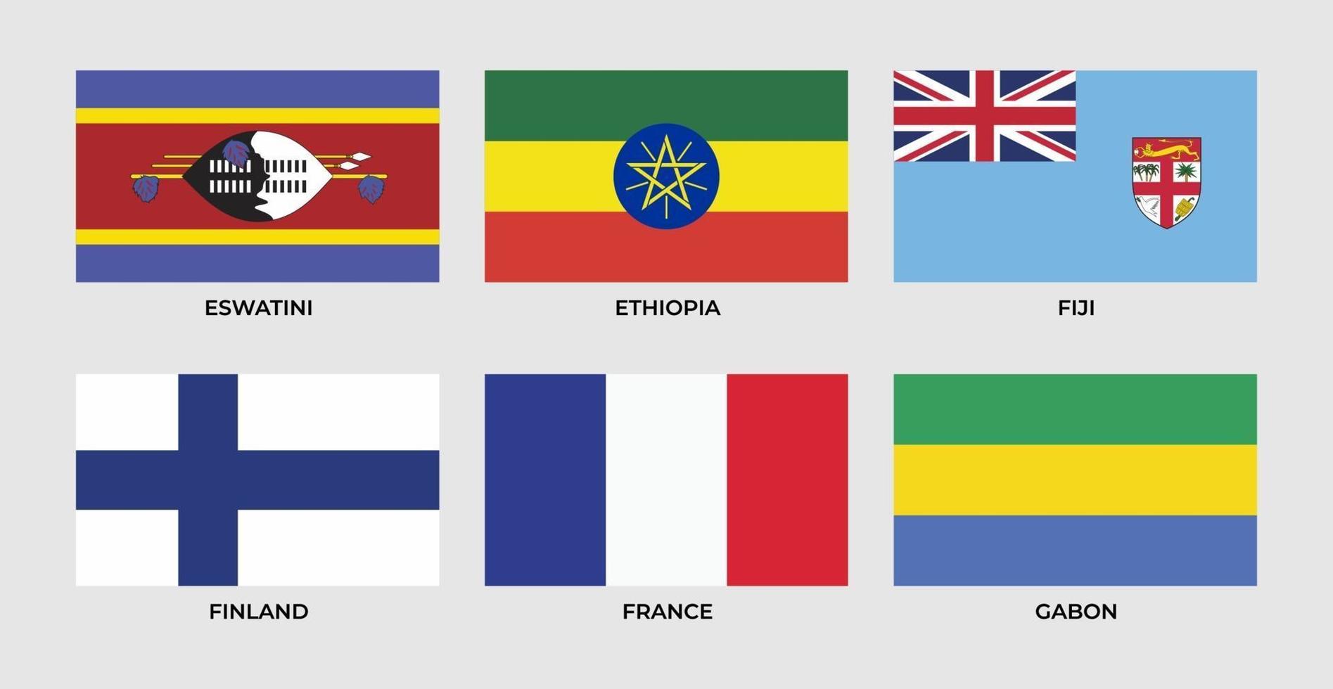 bandera de eswantini, etiophia, fiji, finlandia, francia, gabón, vector