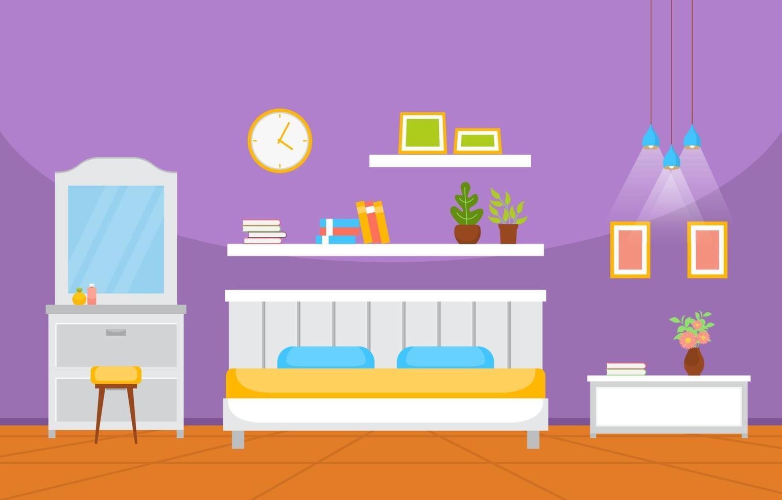 Cozy Bedroom Interior with Double Bed and Shelves vector