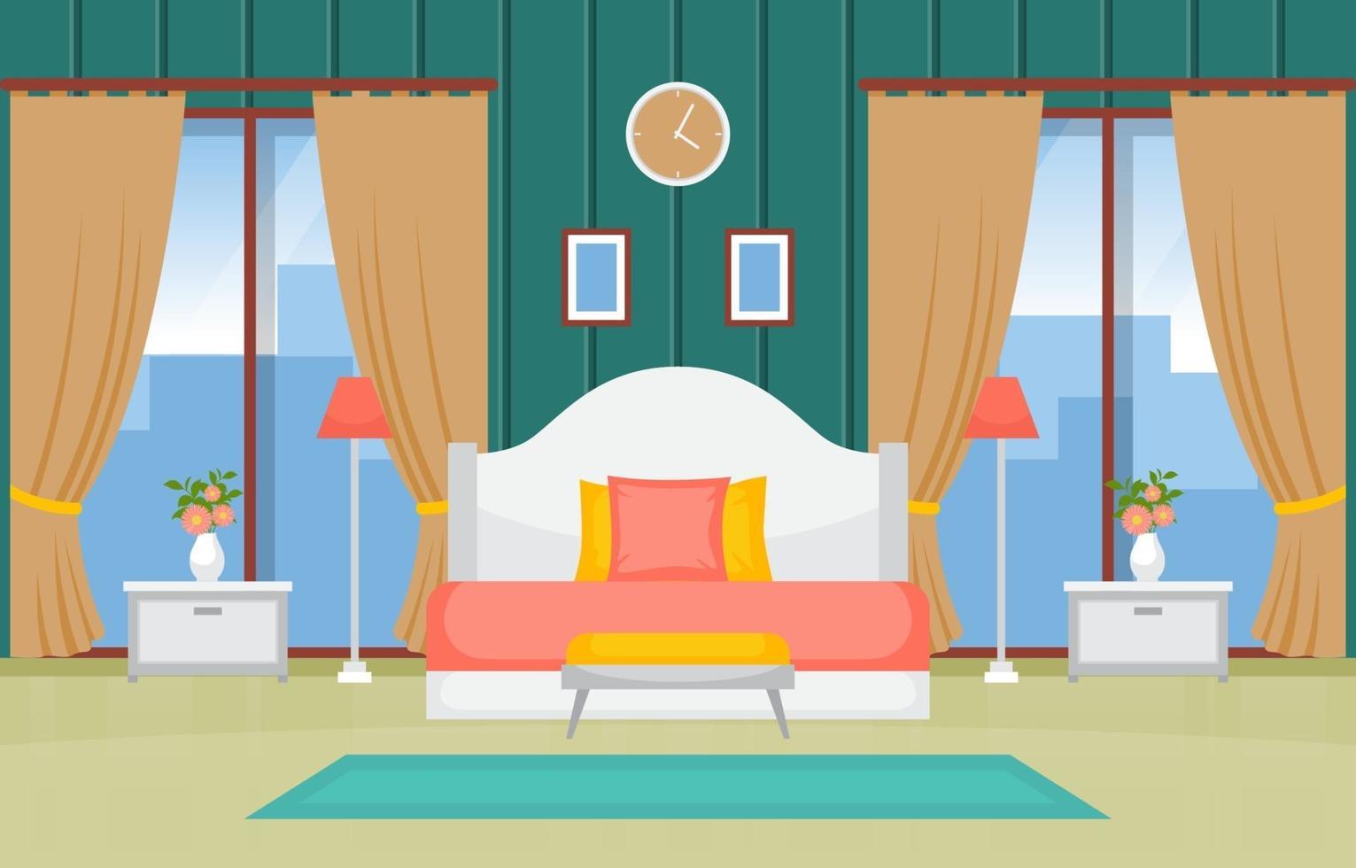 Cozy Bedroom Interior with Double Bed and Tall Windows vector