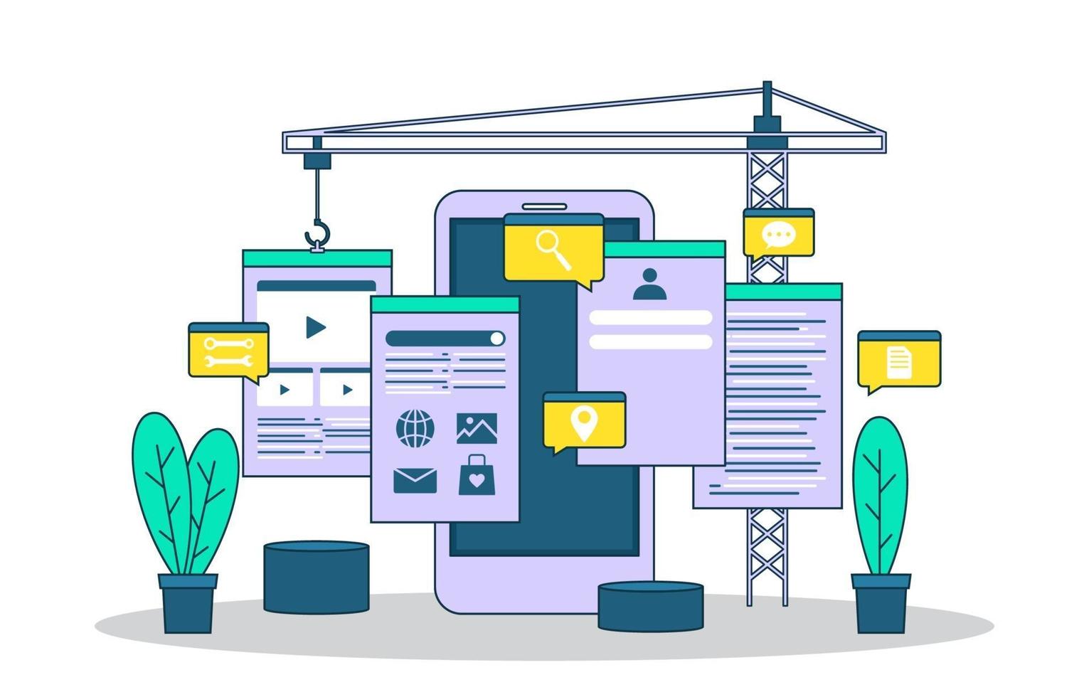 Ilustración de diseño plano del proceso de desarrollo de aplicaciones móviles para teléfonos inteligentes vector