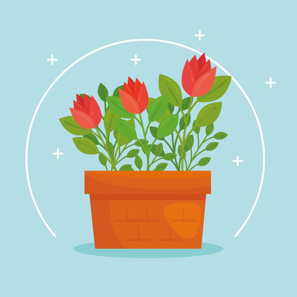 Cut red flowers with leaves in a pot vector design