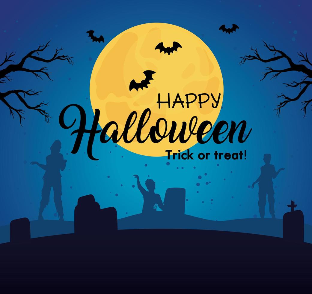 Banner de feliz halloween con siluetas de zombies en el cementerio vector