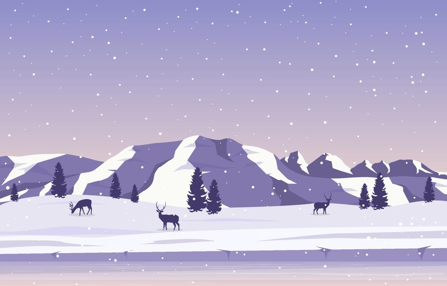 Snowy Winter Landscape with Trees, Mountains, and Deer vector