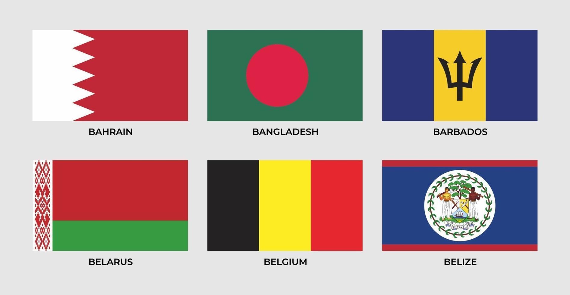 Flag of bahrain, bangladesh, barbados, belarus, belgium, belize. vector