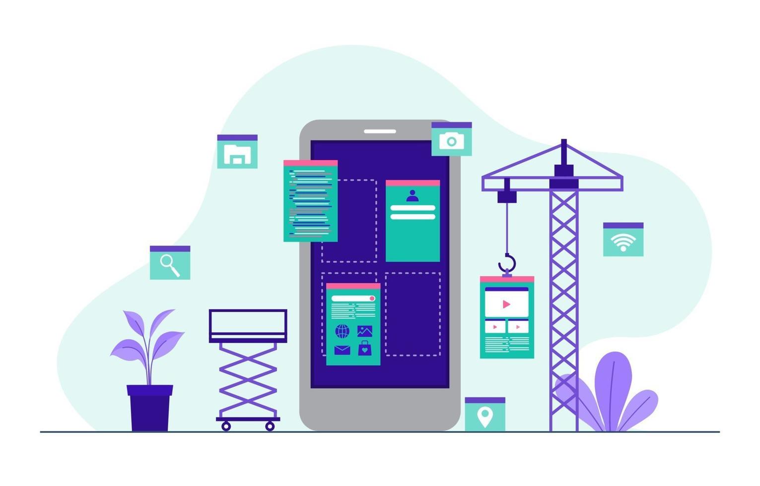 Ilustración de diseño plano del proceso de desarrollo de aplicaciones móviles para teléfonos inteligentes vector